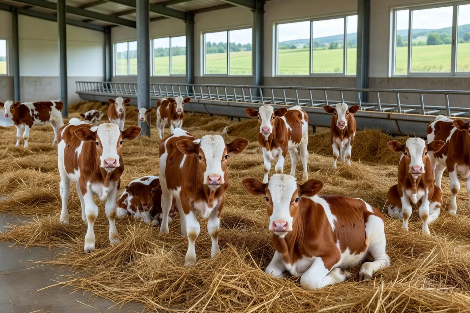 Prairie comtoise avec vaches Montbéliardes dans la vallée du Doubs