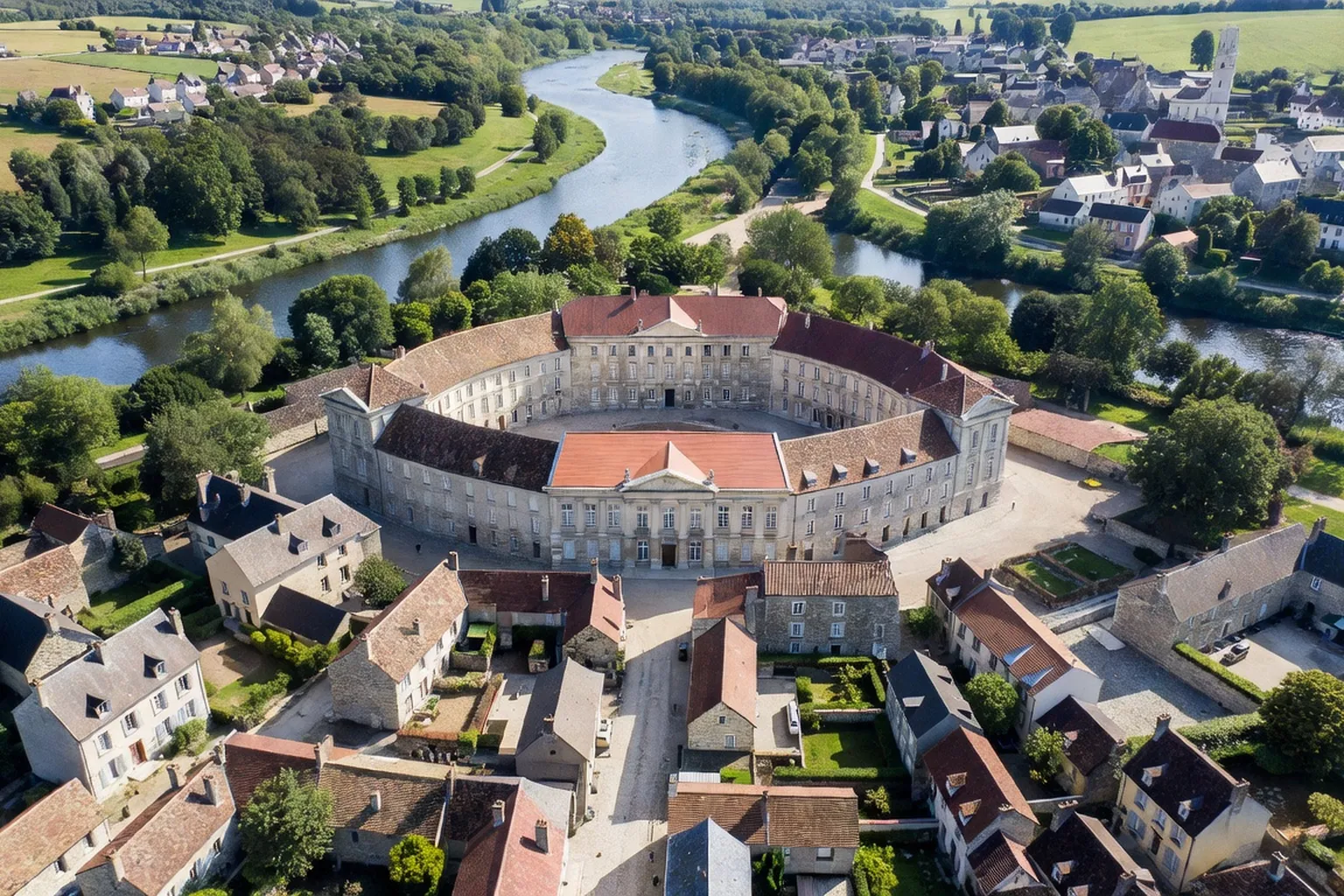 Vue aérienne d'Arc-et-Senans et de la Loue