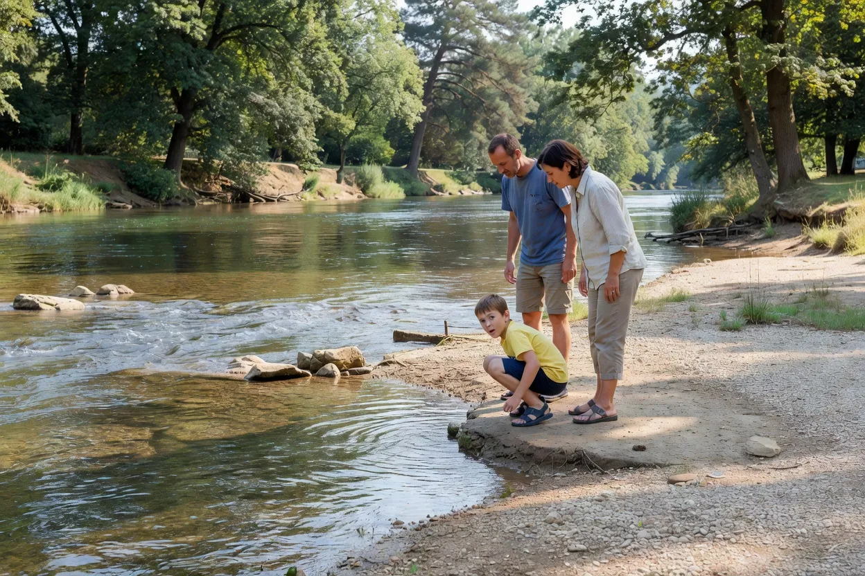 Famille observant la Loue depuis une berge stable avant la baignade