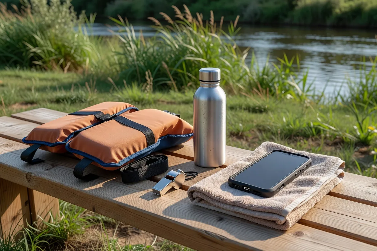 Gilet d'aide à la flottabilité et téléphone préparés avant la baignade