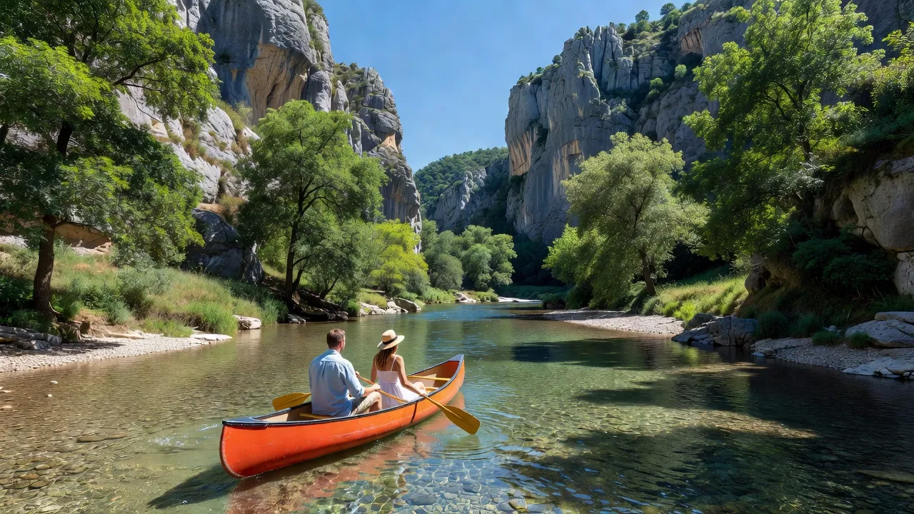 Kayakistes sur la Loue dans le secteur de Quingey, Doubs