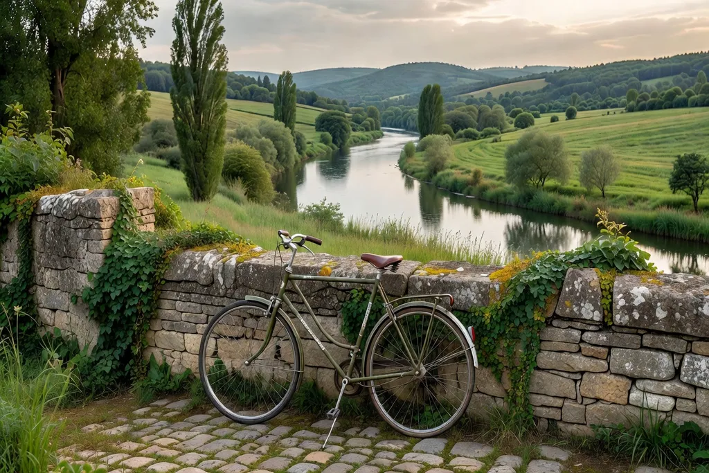 Vélo près d'un point de vue panoramique sur la vallée de la Loue