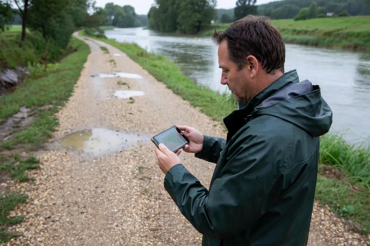 Habitant consultant la vigilance de la Loue à distance de la rivière