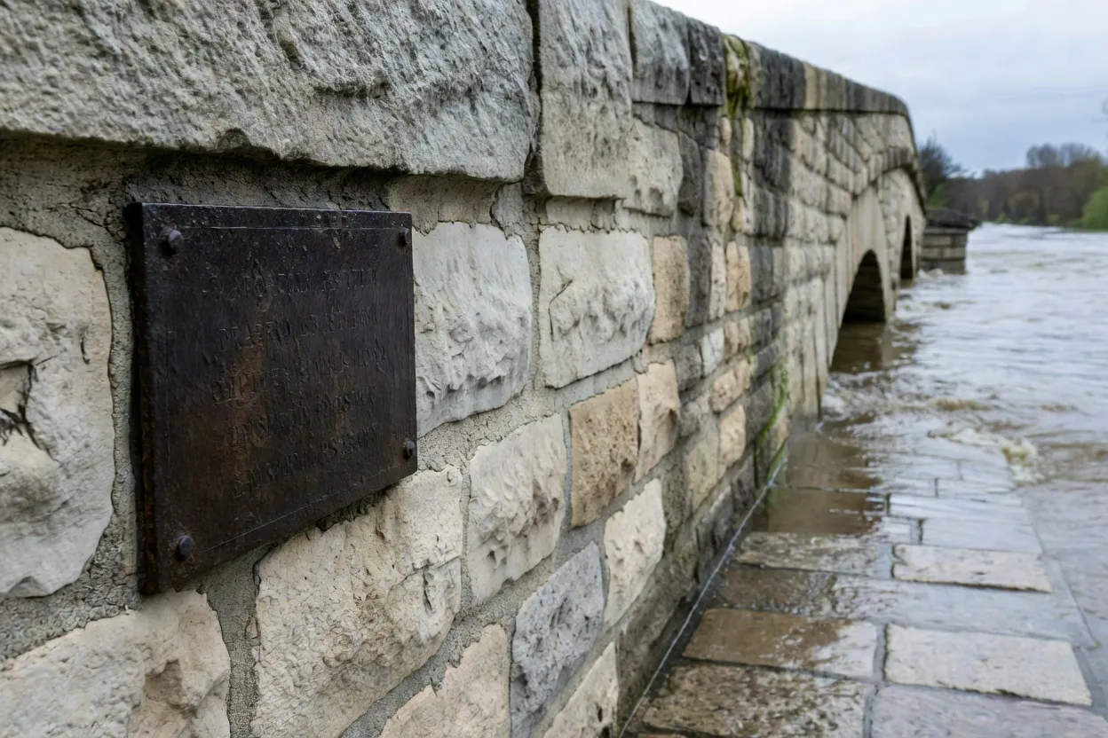 Repère de crue près d’un pont comtois sur la Loue