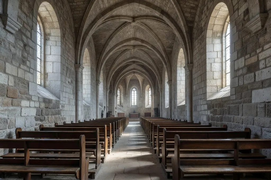 Intérieur d'une église rurale comtoise, nef et vitraux