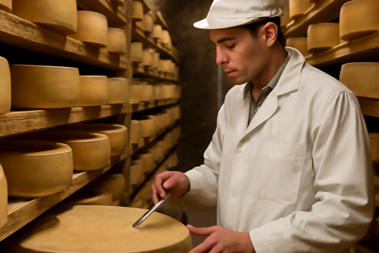 Meules de Comté en cours d'affinage dans une cave