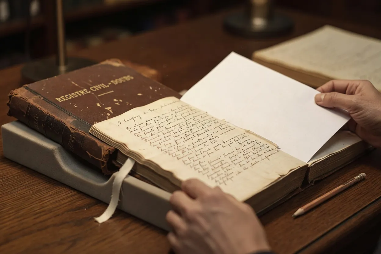 Registre ancien du Doubs consulté avec précaution aux archives