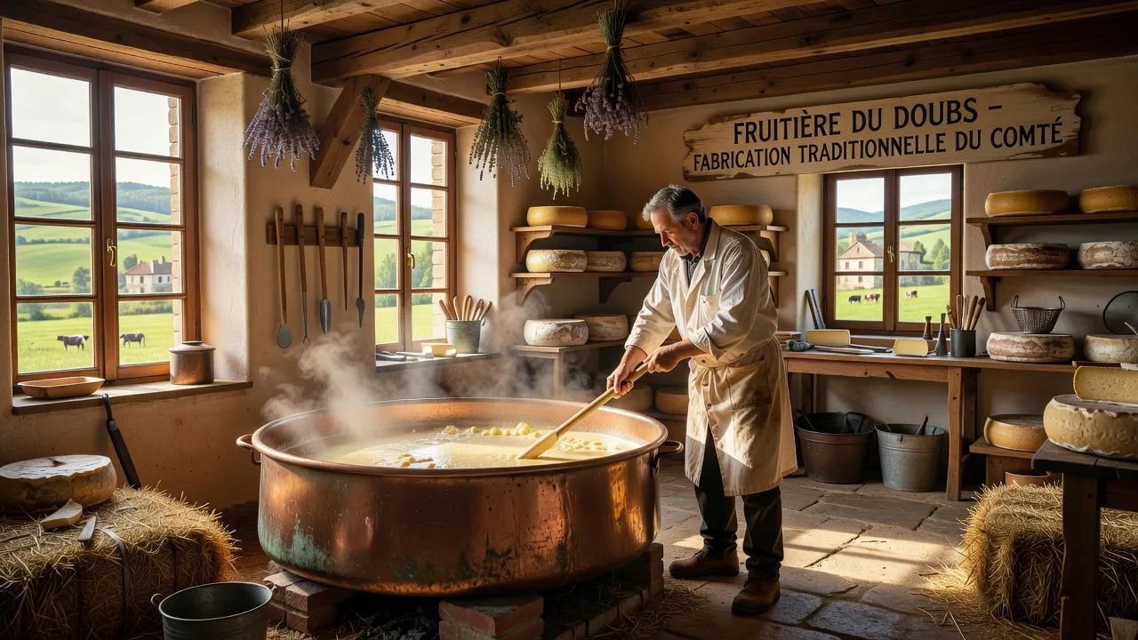 Production de Comté en fruitière comtoise, cuivre et savoir-faire artisan