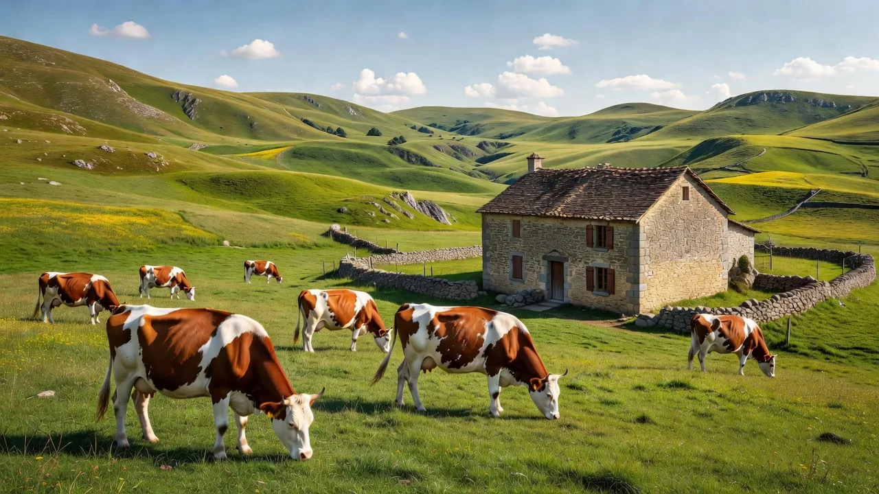 Vaches Montbéliardes dans les prairies du Doubs, été