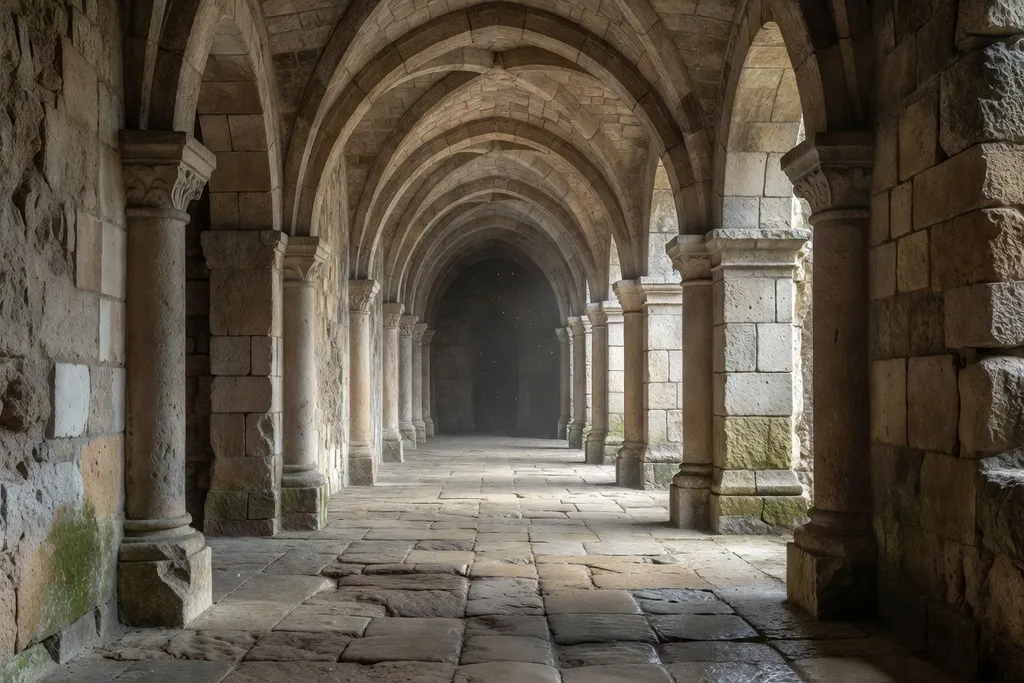 Intérieur voûté du monastère de Quingey, patrimoine religieux du Doubs