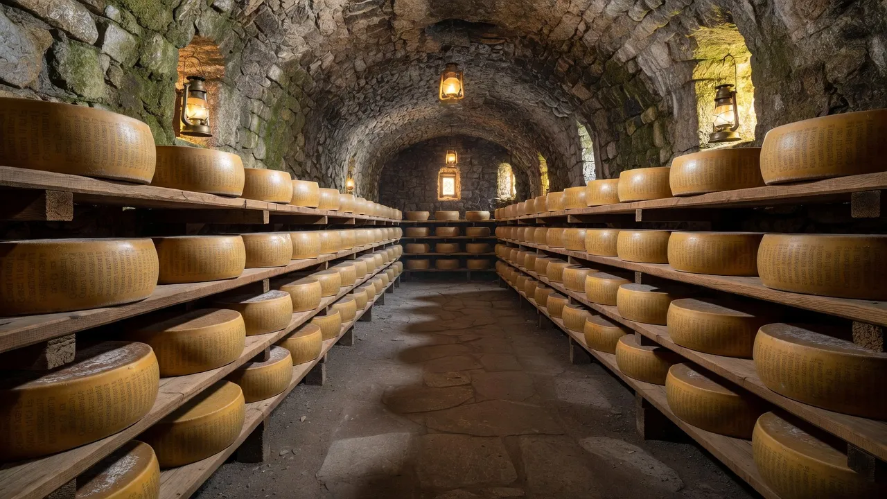 Cave d'affinage Comté, meules sur planches de bois, Doubs France