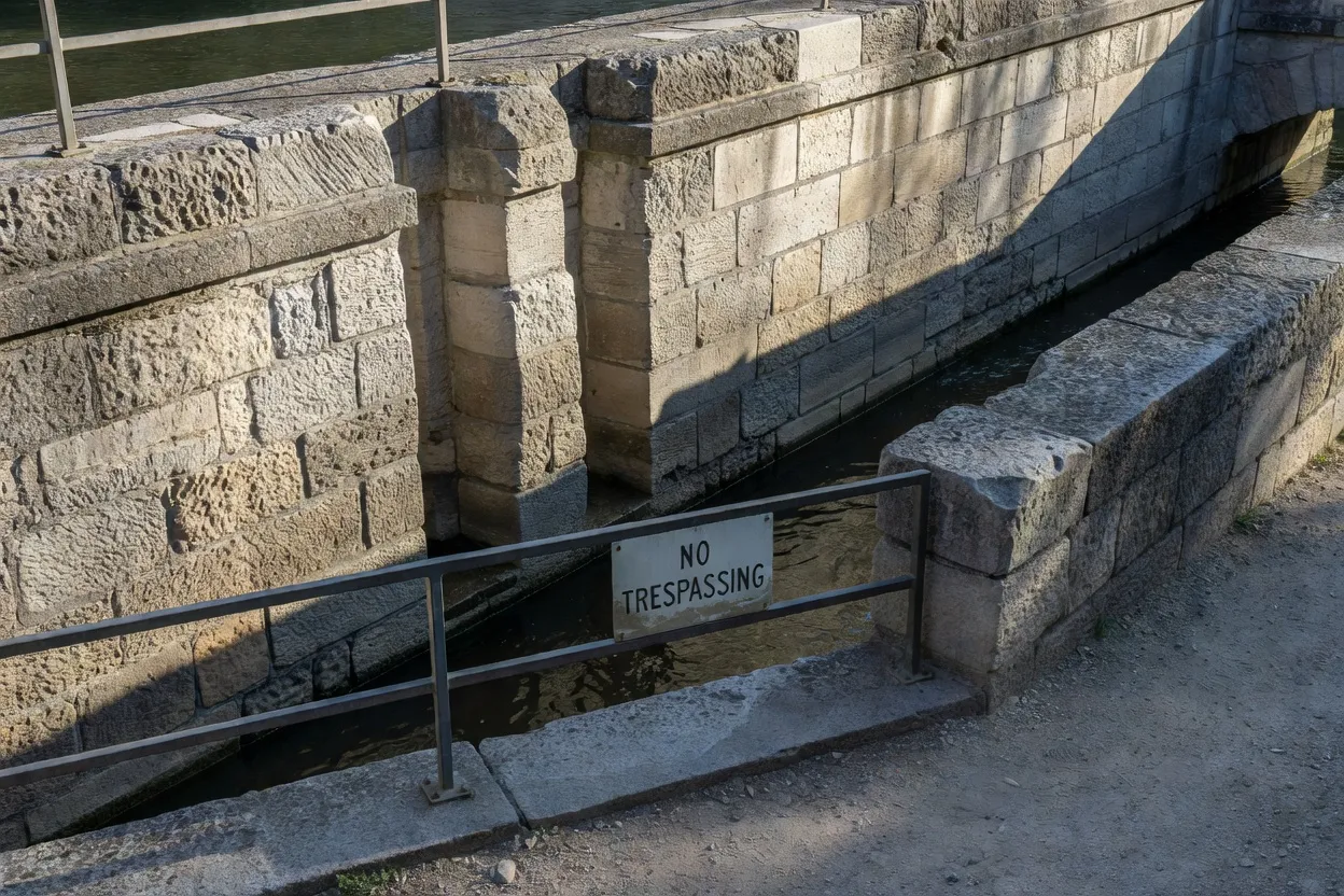 Détail d'un bief et d'une maçonnerie hydraulique observés depuis un espace public