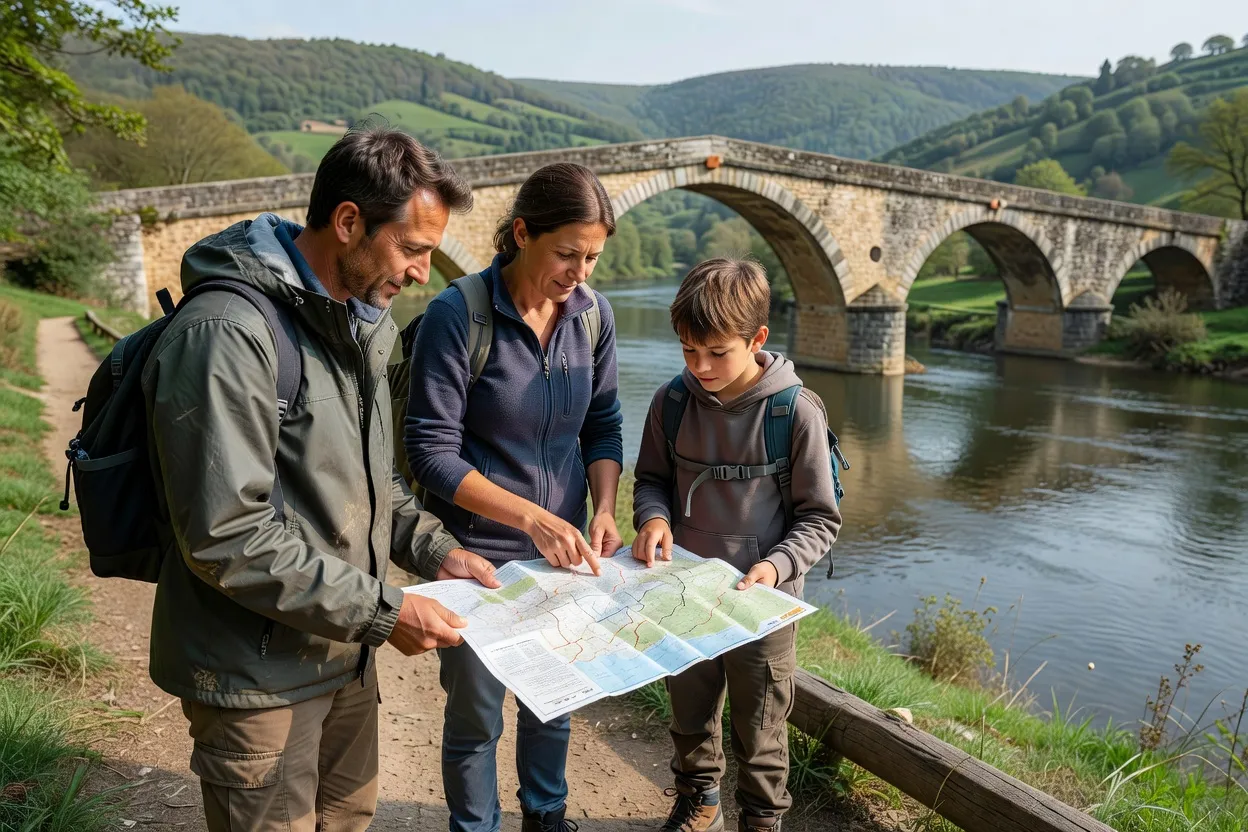 Promeneurs consultant une carte à distance sûre de la Loue