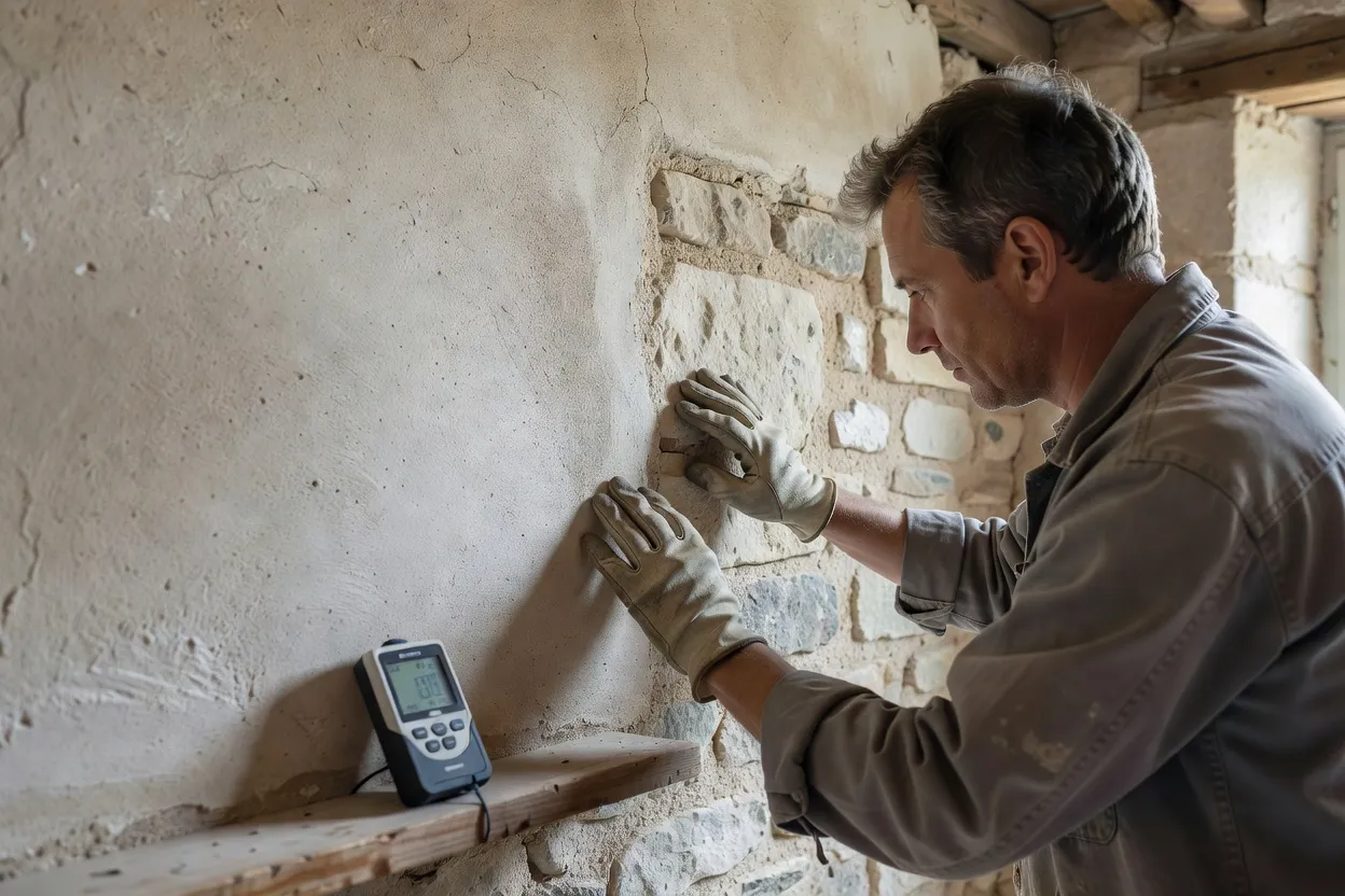 Diagnostic d'un mur ancien en pierre et de son enduit à la chaux