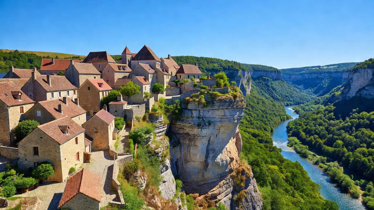 Village médiéval de Mesmay surplombant la Loue, Doubs