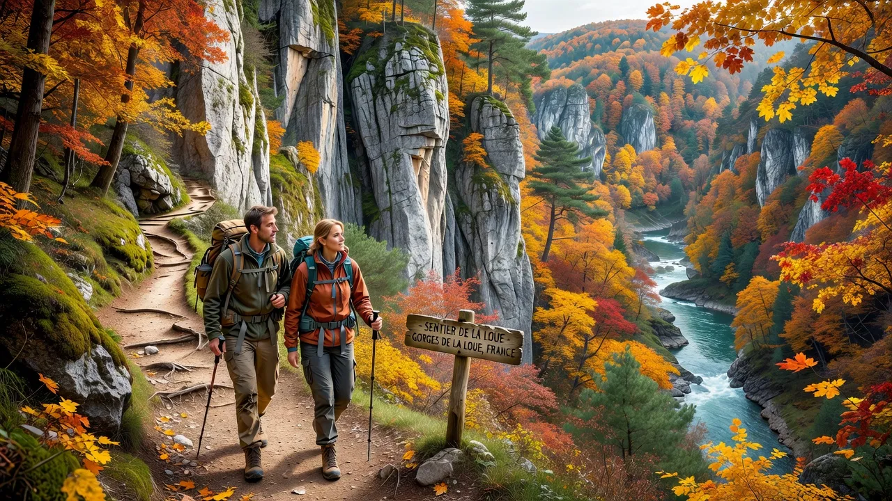 Randonneurs sur le sentier de la Loue depuis Mesmay, falaises calcaires, Doubs